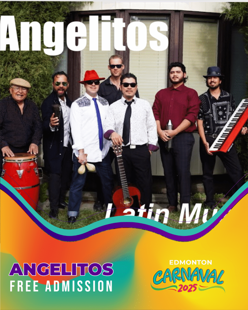 Edmonton's Angelitos band, featuring Congas, Timbales, and Guitars, bringing family-friendly Cumbia and Salsa to Edmonton Carnaval 2025