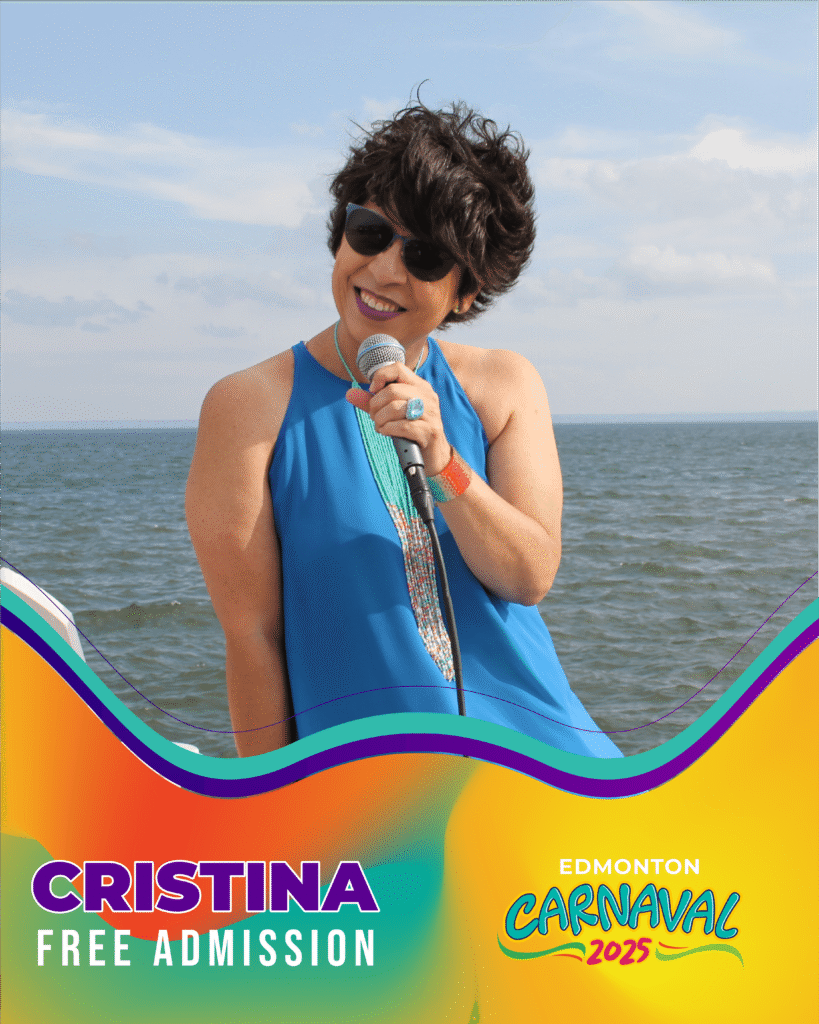 Latin singer Cristina performing jazz, bossa nova, and salsa rhythms as a featured guest at Edmonton Carnaval 2025