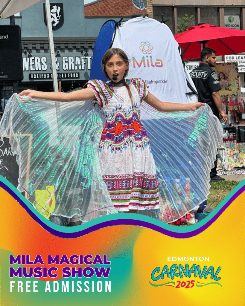 Mila, an 11-year-old singer-songwriter from Edmonton, performing her "My Magical Music Show" as a sweet and emotive guest at Edmonton Carnaval 2025